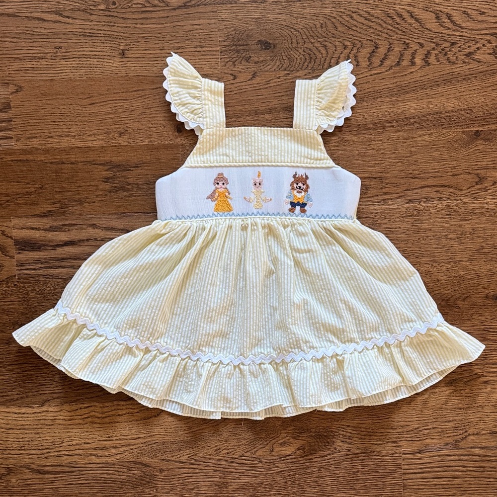 Blushing Beauty Smocked Dress, Yellow Seersucker Stitchy Fish